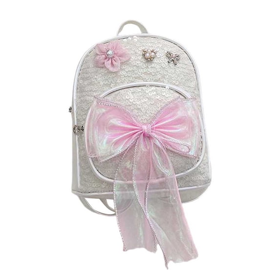 FUZHIQ Sequin Bow School Backpack for 1st 2nd 3rd 4th Grade, Sparkly Glitter Bookbag with Mesh Bow Decor, Cute Lightweight Elementary School Bag, White