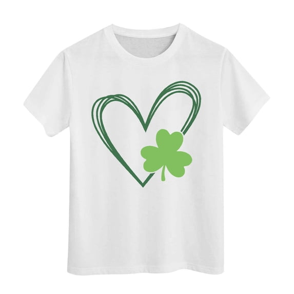 FUZHIQ Shamrock Shirts for Girl Boys Funny Irish Clover Pattys Short Summer Tee Shirts Crew Neck Festival Casual Outdoor Girls Shirts Size 12(White,12-13 Years)