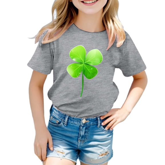 FUZHIQ Shamrock Shirts for Girl Boys Funny Shamrock Short Sleeve Summer Shirt Tops Spring Crew Neck Funny Cute Casual Party Girls T-Shirts 10-12(Grey,6-7 Years)