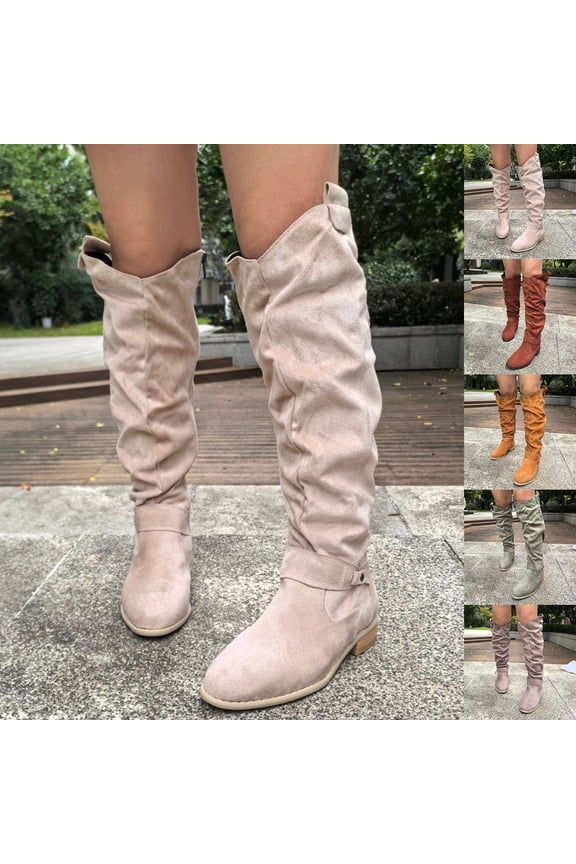 Slouchy Wide Calf Knee High Elegant Boots for Women Fashion Suede Buckle Low Heel Casual Round Toe Side Zipper Winter Fall Tall Boots