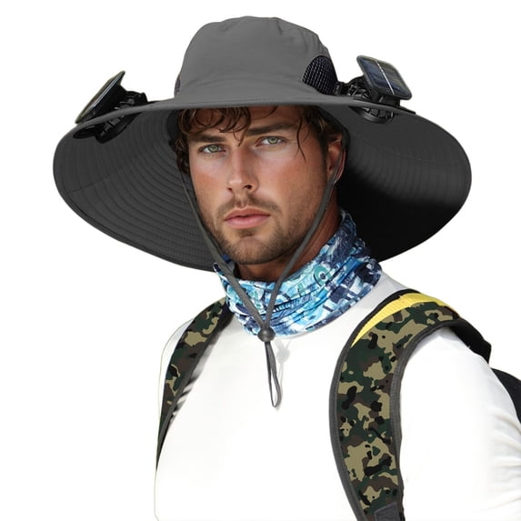 FUZHIQ Solar Fan Hat for Men Women Wide Brim Cooling Outdoor Hat Fishing Hiking UPF 50+ USB & Solar Powered,One Size