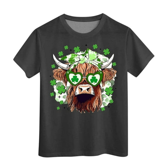 FUZHIQ St Patrick's Day T-Shirt Clover Shamrock Short Sleeve Summer Shirt Tops Spring Round Neck Funny Cute Casual Party Girls T-Shirts 7-8(Black,4-5 Years)