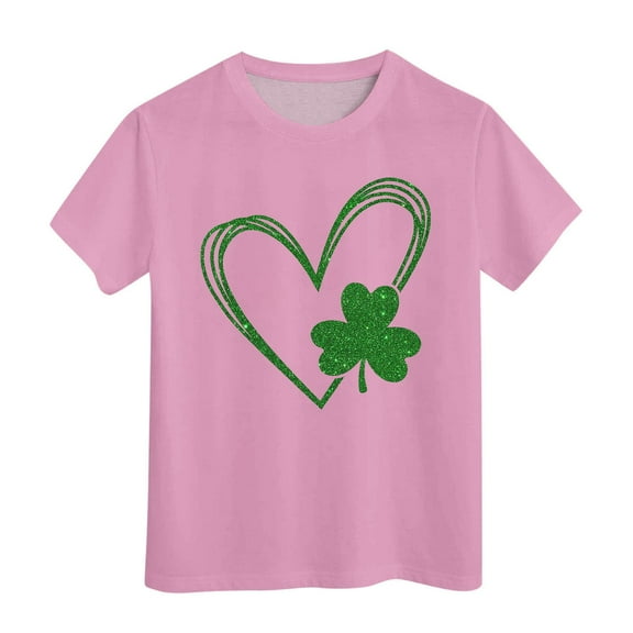 FUZHIQ St Patrick's Day T-Shirt Clover Shamrock Short Sleeve Summer Tee Shirts Crew Neck Festival Casual Outdoor Girls T-Shirts 10-12(Pink,8-9 Years)