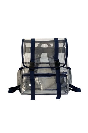 Stadium Approved Clear Transparent Flap School Backpack for Ages 6-12 Double Buckle Adjustable Straps Mesh Side Pockets Security Friendly Student Bookbag, Navy