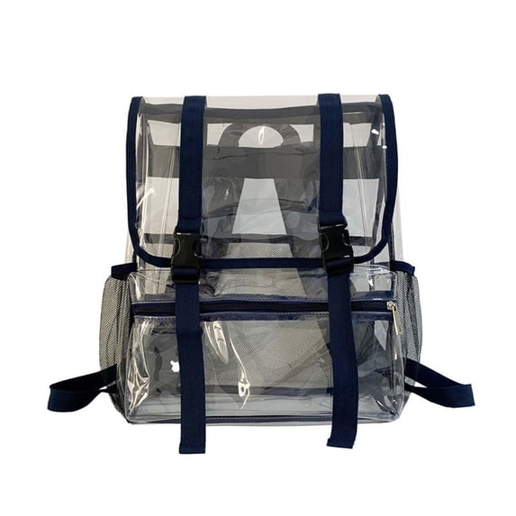 FUZHIQ Stadium Approved Clear Transparent Flap School Backpack for Ages 6-12 Double Buckle Adjustable Straps Mesh Side Pockets Security Friendly Student Bookbag, Navy