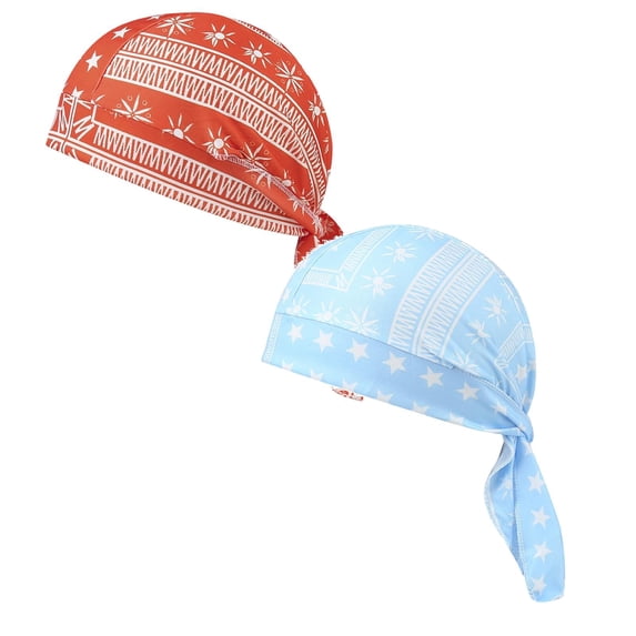 FUZHIQ Star Print Paisley Cooling Headscarf Cap 2 PC Set Bandana Beanie Motorcycle Pirate Head Wrap Safety Liner Elastic Fit