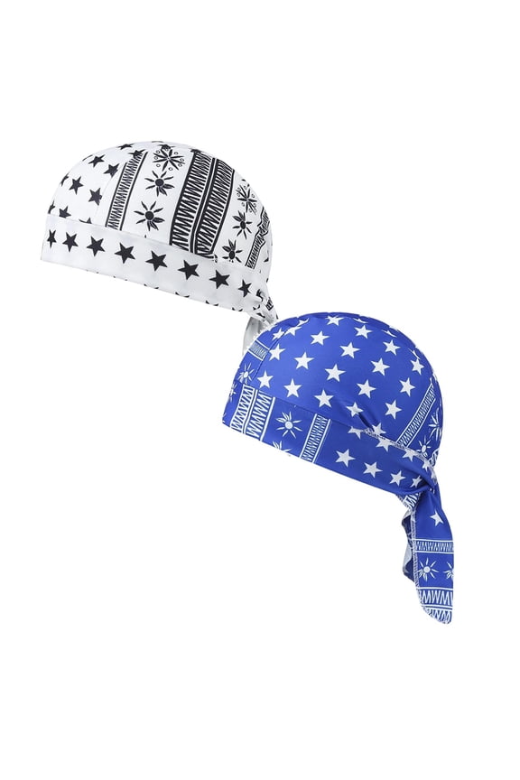 Star Print Paisley Cooling Headscarf Cap 2 PC Set Bandana Beanie Motorcycle Pirate Head Wrap Safety Liner Elastic Fit