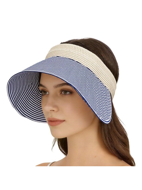 Striped Sun Visor Hat for Women, Extra Wide Brim Breathable UV Protection Cap, Foldable Summer Hat for Beach Vacation Travel Outdoor Activities