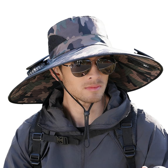 FUZHIQ Super Wide Brim Solar Fan Hat for Men Women, Two Fans Rechargeable UV Protection Cooling Sun Hat for Hiking Camping Backpacking Outdoor,One Size