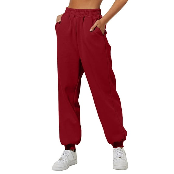FUZHIQ Sweat Pants For Womens Plus Size Solid Color Warm Soft Lightweight Joggers Trousers Casual High Waisted Pants With Pockets Trendy Winter Clothes