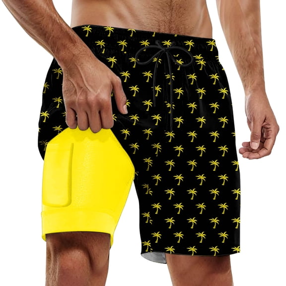 FUZHIQ Swim Trunks with Compression Liner Casual Retro Palm Tree Print Quick Dry Beach Swimming Shorts with Compression Liner Stretch Fabric Beach Shorts Bathing Suits,S