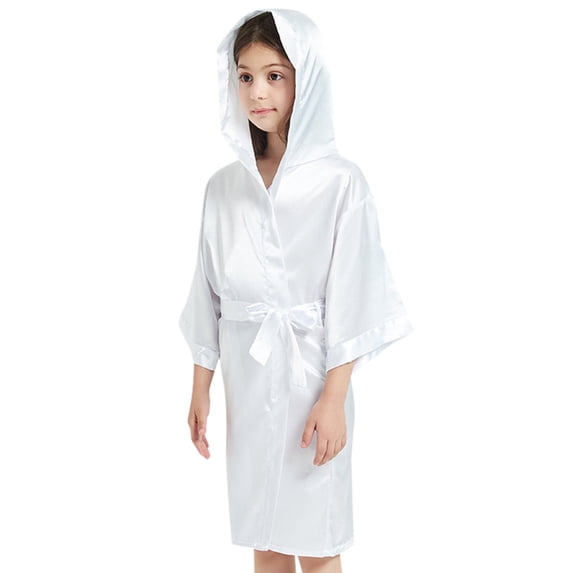 FUZHIQ Toddler Bathrobe Silk Satin Solid Robe for Kids Girls Hooded Long Sleeve Top Cozy Soft Bathrobes for Girls Robes for 4-5 Years