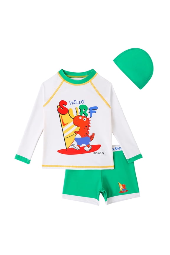 Toddler Boys 2 Piece Long Sleeve Rash Guard Swimsuit Set with Swim Cap, UPF 50+ Sun Protection Quick Dry Cartoon Print Bathing Suit for Beach Pool,5-6 Years