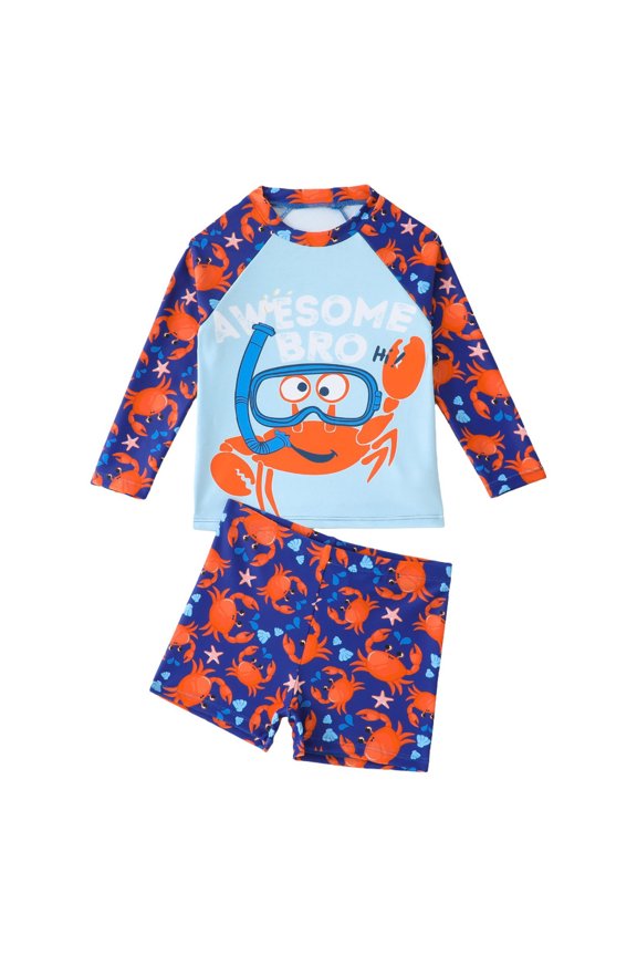 Toddler Boys 2 Piece Long Sleeve Rash Guard Swimsuit Set, UPF 50+ Sun Protection Quick Dry Cartoon Print Bathing Suit for Kids Beach Pool Swimwear,4-5 Years