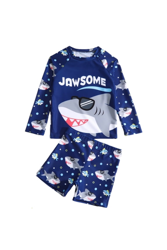 Toddler Boys 2 Piece Long Sleeve Rash Guard Swimsuit Set, UPF 50+ Sun Protection Quick Dry Cartoon Print Bathing Suit for Kids Beach Pool Swimwear,5-6 Years