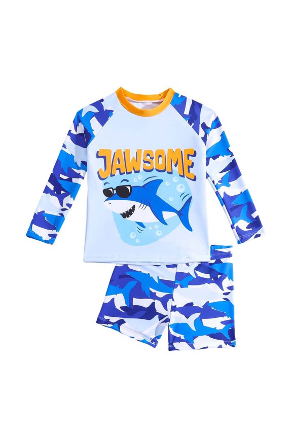 Toddler Boys 2 Piece Long Sleeve Rash Guard Swimsuit Set, UPF 50+ Sun Protection Quick Dry Cool Cartoon Print Bathing Suit for Kids Beach Pool Summer Swimwear,6-7 Years