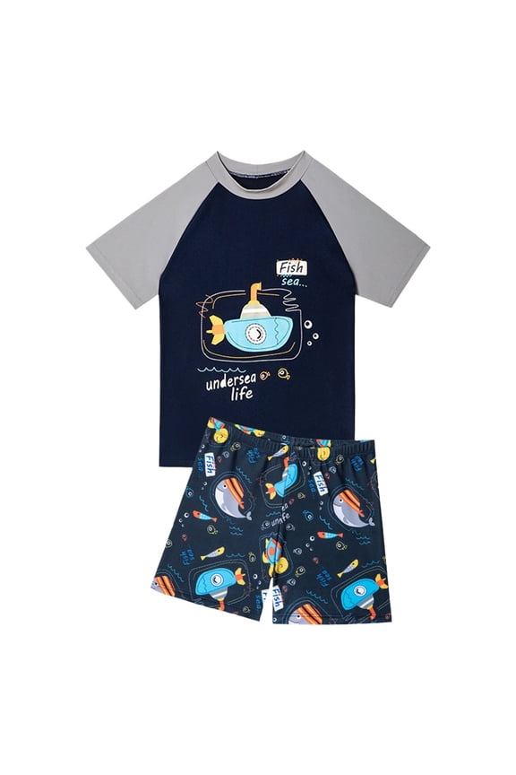 Toddler Boys 2 Piece Short Sleeve Rash Guard Swimsuit Set, UPF 50+ Sun Protection Quick Dry Cartoon Print Bathing Suit for Kids Beach Pool Swimwear,5-6 Years