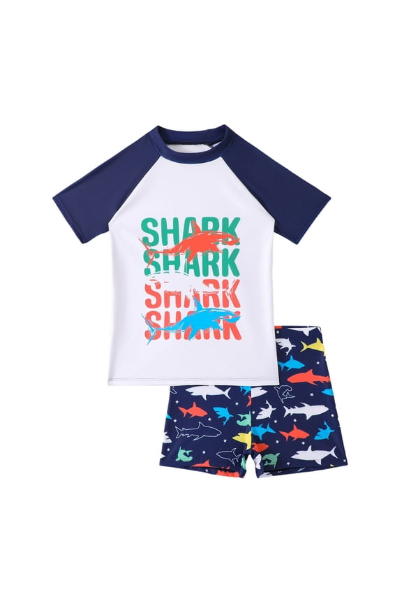 Toddler Boys 2 Piece Short Sleeve Rash Guard Swimsuit Set, UPF 50+ Sun Protection Quick Dry Cartoon Print Bathing Suit for Kids Beach Pool Swimwear,8-9 Years