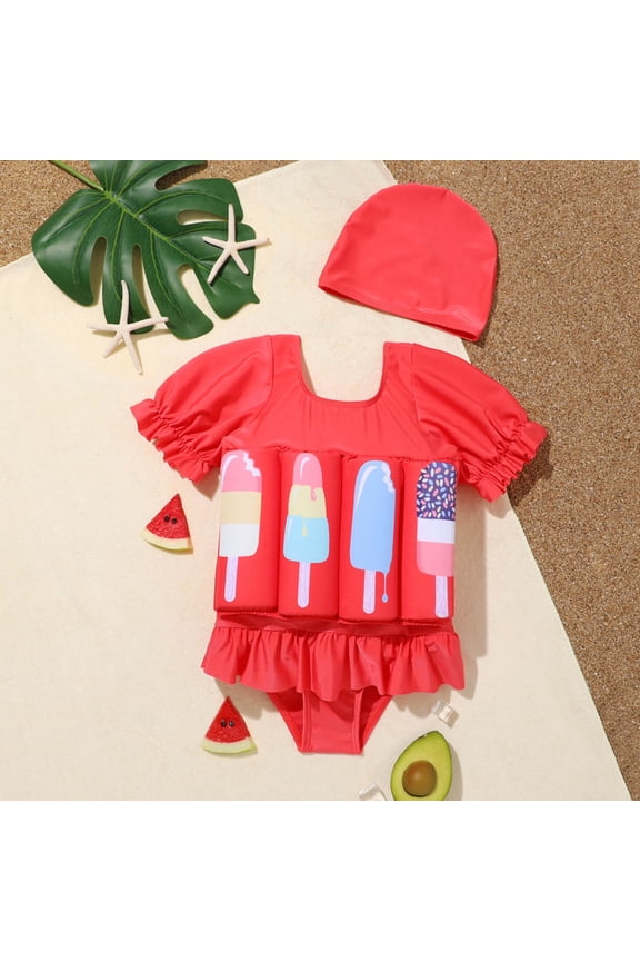 Toddler Floatation Swimsuit One Piece Float Suit with Built-in Float, Cute Floating Swim Suit Floatie with Swimming Cap,4-5 Years