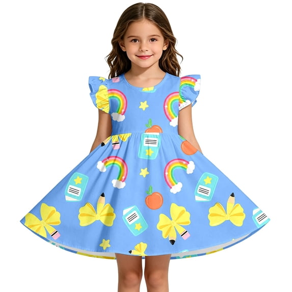 FUZHIQ Toddler Girls Back to School Print Dresses Ruffle Sleeve A-Line Flared Dress for School Daily Outfits,8-9 Years