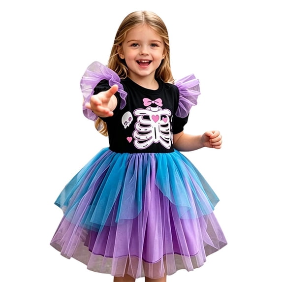 FUZHIQ Toddler Girls Halloween Tulle Dress Ruffle Sleeve Princess Tutu Dresses Casual Kids Outfits Clothes,18-24 Months