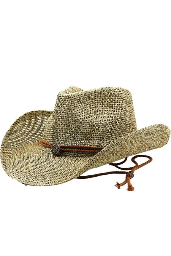 Vintage Western Cowboy Straw Hat for Men Women Curved Brim with Windproof Lanyard,Summer Outdoor Sun Cap for Beach Vacation,M
