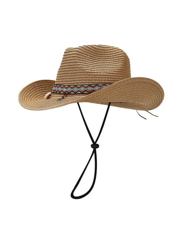 Vintage Western Cowboy Straw Hat for Men Women Curved Brim with Windproof Lanyard, Summer Outdoor Sun Cap for Beach Vacation