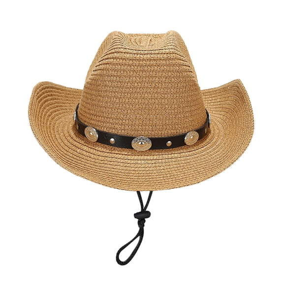 FUZHIQ Vintage Western Cowboy Straw Hat for Men Women Curved Brim with Windproof Lanyard, Summer Outdoor Sun Cap for Beach Vacation