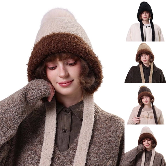 FUZHIQ Winter Beanie Hats for Women with Ear Flaps Crochet Skull Cap Warm Outdoor Ski Snow Hats Pompoms