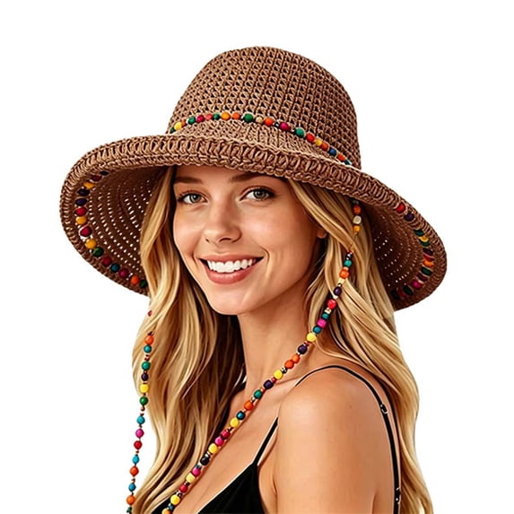 FUZHIQ Women Bohemian Wide Brim Straw Sun Hat with Colorful Beaded Tassel, Breathable Hollow Woven UV Protection Beach Hat for Vacation Travel