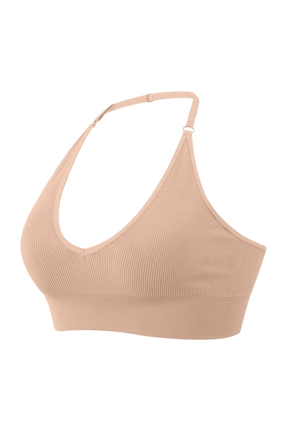 Women Ribbed Halter Deep V Wireless Bra Adjustable Neck Strap Stretch Padded Lounge Daily Comfort Bralette