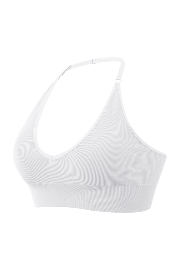 Women Ribbed Halter Deep V Wireless Bra Adjustable Neck Strap Stretch Padded Lounge Daily Comfort Bralette