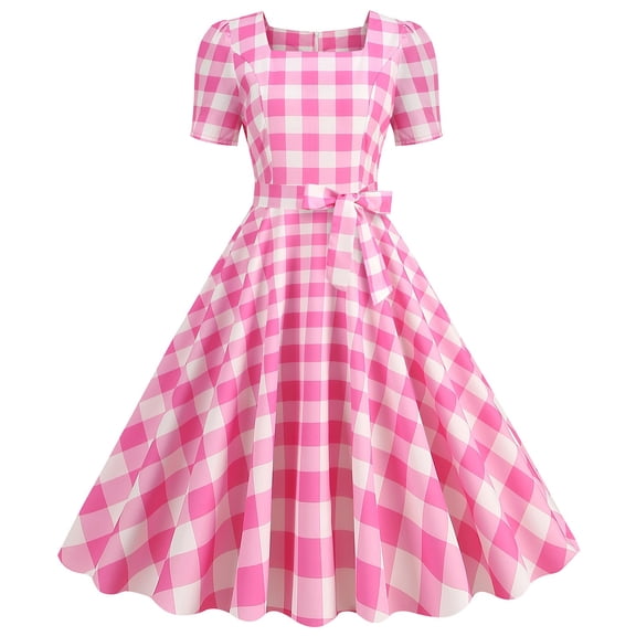 FUZHIQ Women Short Sleeve Retro Vintage Party Swing Dress Polka Dot Prints Boho Beach Dress for Girl Casual A-Line Work Dress with Belt for M
