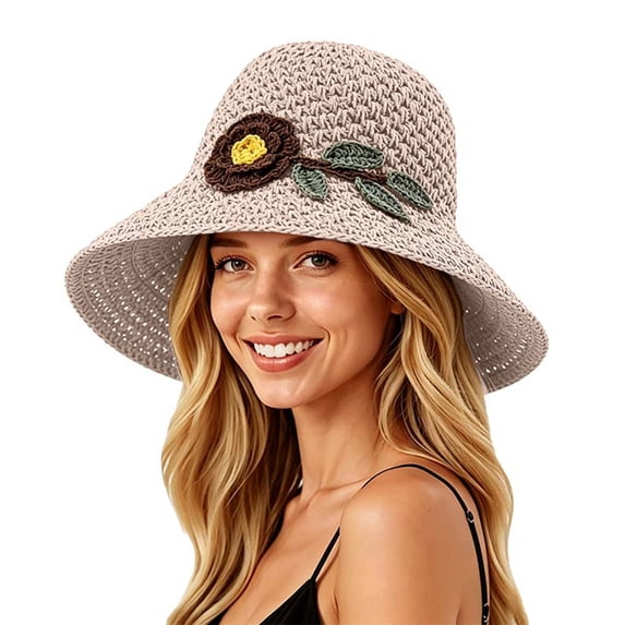 FUZHIQ Women Wide Brim Crochet Straw Bucket Hat with Handmade Flower, Breathable UV Protection Packable Sun Hat for Beach Travel Daily Wear