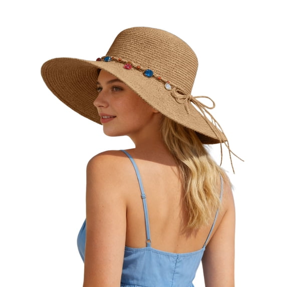 FUZHIQ Women Wide Brim Straw Sun Hat with Pearl Decor & Tassel Rope, UPF 50+ UV Protection Breathable Foldable Summer Beach Hat for Seaside Vacation Outdoor Travel Daily Casual Wear,One Size