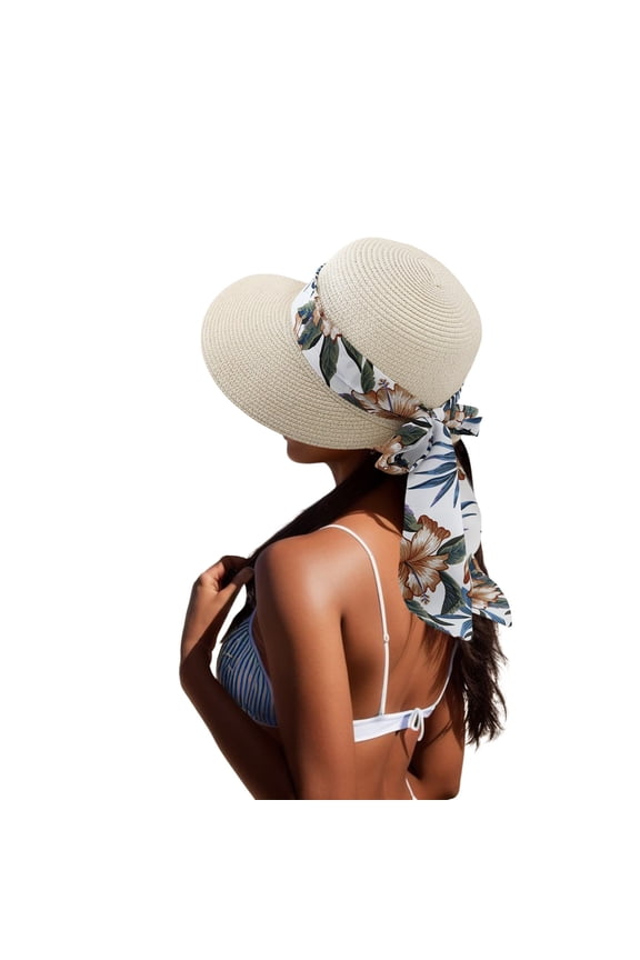 Women's Foldable Wide Brim Straw Sun Hat, UV Protection Beach Hat with Floral Print Bow Scarf, Breathable Packable Summer Hat for Travel Daily Outdoor Wear,One Size