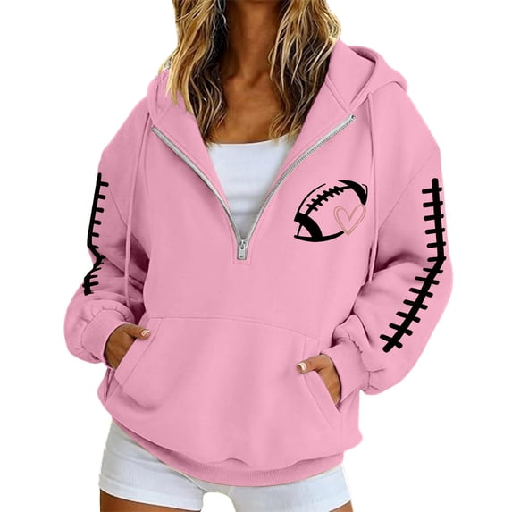 FUZHIQ Women's Half Zip Football Graphic Hoodid Sweatshirt, Long Sleeve Casual Pullover with Pocket, Fall Game Day Top for Football Fans