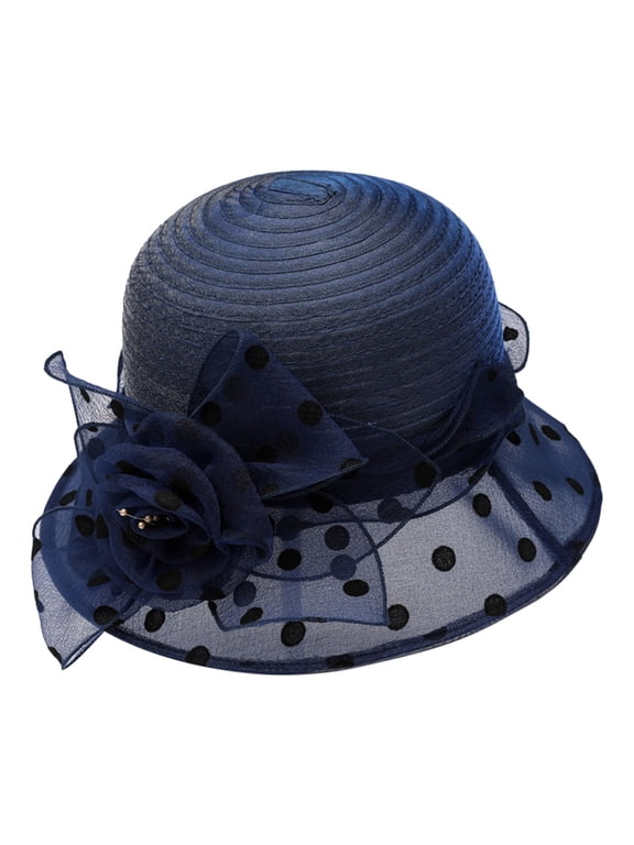 Women's Polka Dot Organza Tea Party Hat Elegant Short Brim Cloche Hat with Floral Bow, Lightweight Breathable Fascinator Hat for Wedding Kentucky Derby Event