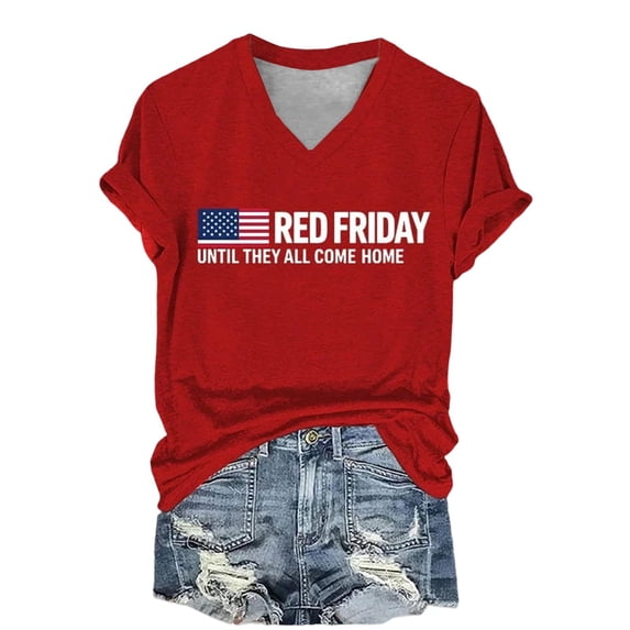 FUZHIQ Women's R.E.D. Remember Everyone Deployed Crewneck T-Shirt Patriotic American Flag Star Print Contrast Short Sleeve Casual Graphic Tee for RED Friday Military Support,S
