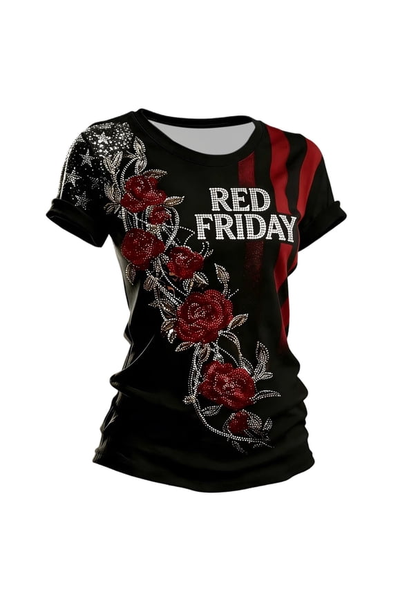 Women's RED Friday Rose Floral Rhinestone Style T-Shirt Remember Everyone Deployed Patriotic American Flag Short Sleeve Crewneck Casual Graphic Tee for Military Support Holiday Wear,L