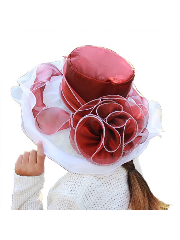 Women's Satin Flat Top Wide Brim Sun Hat with Large 3D Organza Flower, UPF 50+ UV Protection Foldable Tea Party Fascinator Hat for Wedding Travel Derby