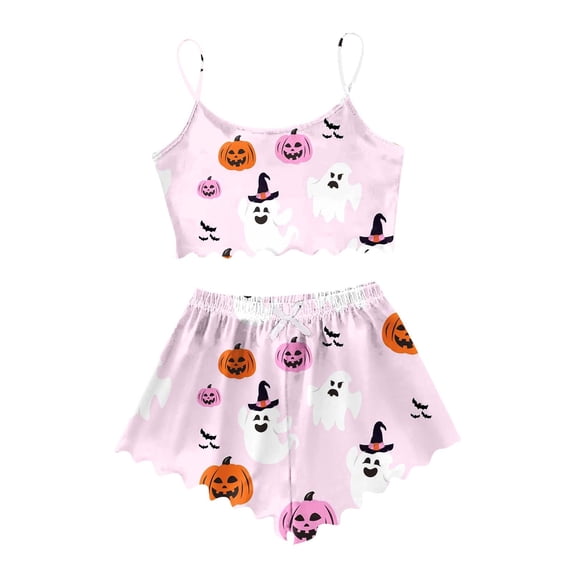 FUZHIQ Women's Sleeveless Halloween Pajama Set 2 Piece Cami Top Shorts Ghost Pumpkin Pattern Lightweight Nightwear Casual Outfit