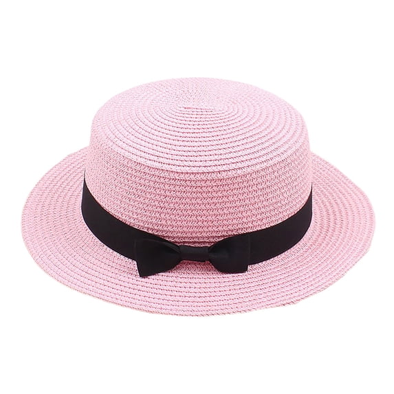 FUZHIQ Women's Straw Boater Hat with Bow, Flat Top Wide Brim Sun Hat, Summer Beach Hat for Travel, Party, Outdoor Activities