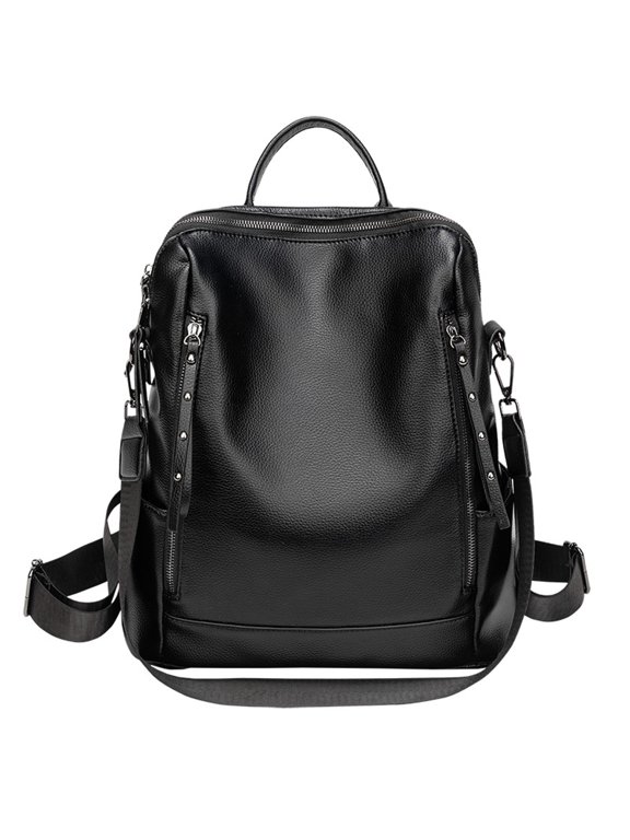 Womens Leather Backpack Purse Convertible Shoulder Bag with Rivet Detail Fashion Casual Daypack for Work Travel Shopping Daily Commute, Black