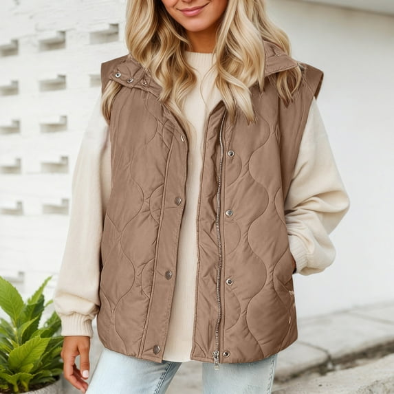 FUZHIQ Womens Puffer Vest Lightweight Stand Collar Sleeveless Cropped Quilted Jackets Button Fall Zip Up Coat Outerwear