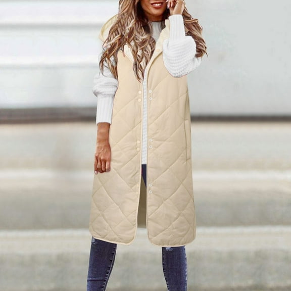 FUZHIQ Womens Puffer Vest Winter Hooded Collar Sleeveless Cropped Jackets Button Fall Zip Up Loose Coat Outerwear with Pockets Beige