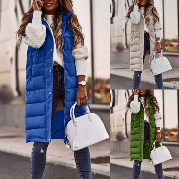 FUZHIQ Womens Puffer Vest Winter Hooded Collar Sleeveless Cropped Jackets Button Fall Zip Up Loose Coat Outerwear with Pockets Blue