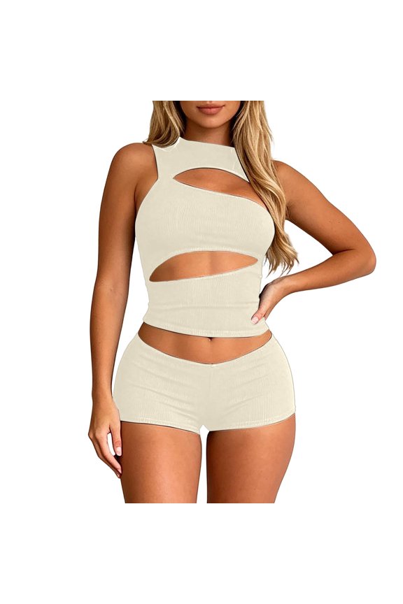 Womens Summer Outfits 2 Piece Sleeveless Crew Neck Cut out Crop Top Bodycon Shorts Set Y2k Solid Color Stretchy Slim Fitted Matching Sets for Night out Club Party Wear Beige XS