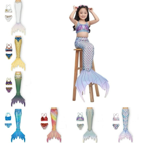 FUZHIQA 3PCs Girl Swimsuit With Skirt 3 Piece Girls Swimsuit Bathing Suits Bikini Fish Tail Set for Girls,White,130