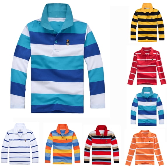 FUZHIQ Boys Striped Polo Shirt Long Sleeve Golf Shirt School Uniform Shirts Summer Active Performance Tops,3-4Years